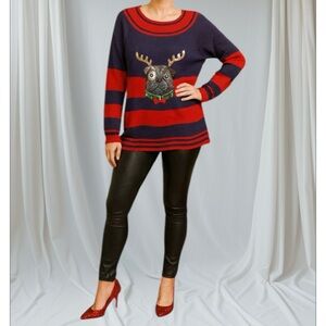 HOLIDAY TIME Pug Dog Ugly Christmas Sweater Sz XL Sequin Red Navy Blue